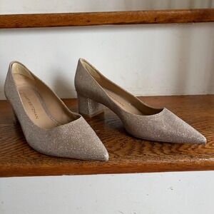Stuart Weitzman Champagne Metallic Shimmer Pointed Toe Block Heel Pumps 7.5B EUC